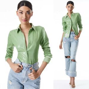 Alice + Olivia Willa Sequin Green Shirt Button Up Dress Shirt Size S